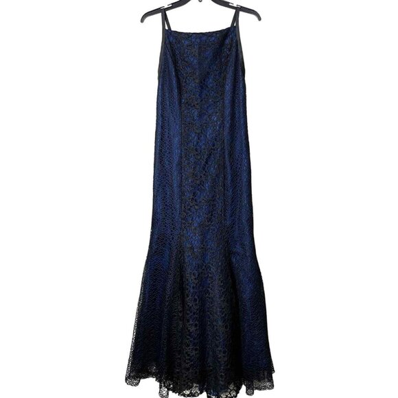 Monique Lhuillier Dresses & Skirts - Monique Lhuillier Crochet Lace Dress Womens 6 Blue Black Shimmer Mermaid